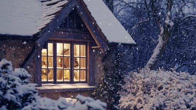 Christmas in the countryside, cottage decorated for holidays on a snowy winter evening with snow and holiday lights, English country styling inspiration