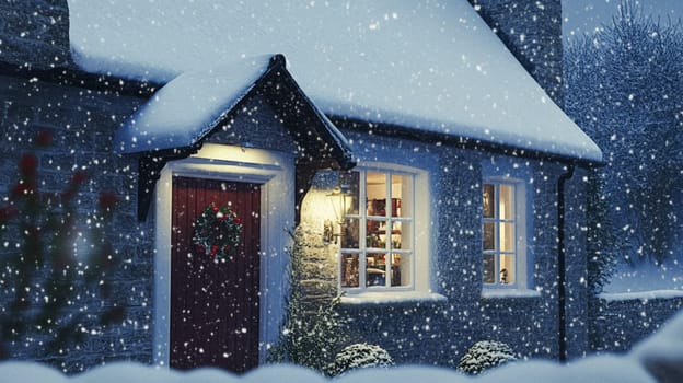 Christmas in the countryside, cottage decorated for holidays on a snowy winter evening with snow and holiday lights, English country styling inspiration