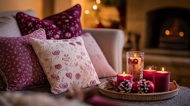 Christmas, holiday decor and country cottage style, cosy atmosphere, decorated Christmas tree in the English countryside house living room with fireplace, interior decoration idea