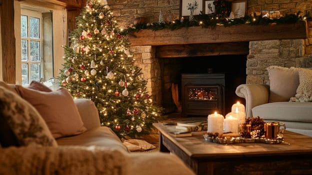 Christmas, holiday decor and country cottage style, cosy atmosphere, decorated Christmas tree in the English countryside house living room with fireplace, interior decoration idea