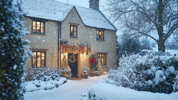 Christmas in the countryside, cottage decorated for holidays on a snowy winter evening with snow and holiday lights, English country styling inspiration