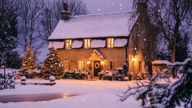 Christmas in the countryside, cottage decorated for holidays on a snowy winter evening with snow and holiday lights, English country styling inspiration