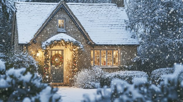Christmas in the countryside, cottage decorated for holidays on a snowy winter evening with snow and holiday lights, English country styling inspiration