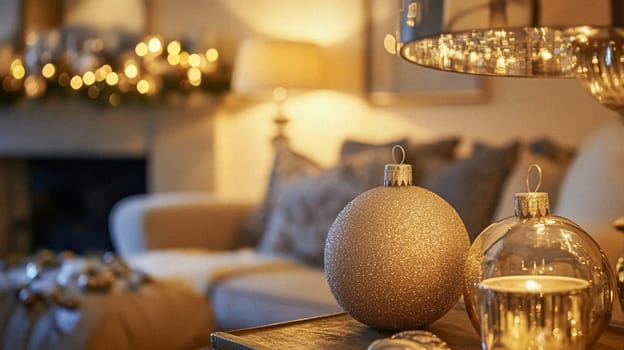Christmas, holiday decor and country cottage style, cosy atmosphere, decorated Christmas tree in the English countryside house living room with fireplace, interior decoration idea