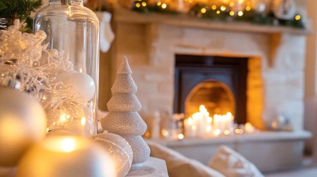 Christmas, holiday decor and country cottage style, cosy atmosphere, decorated Christmas tree in the English countryside house living room with fireplace, interior decoration idea