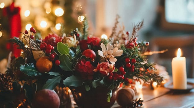 Christmas, holiday decor and country cottage style, cosy atmosphere, decorated Christmas tree in the English countryside house living room with fireplace, interior decoration idea
