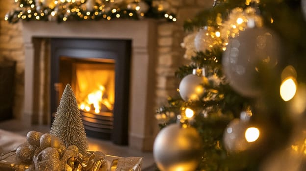 Christmas, holiday decor and country cottage style, cosy atmosphere, decorated Christmas tree in the English countryside house living room with fireplace, interior decoration idea