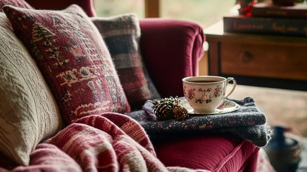 Christmas, holiday decor and country cottage style, cosy atmosphere, decorated Christmas tree in the English countryside house living room with fireplace, interior decoration idea