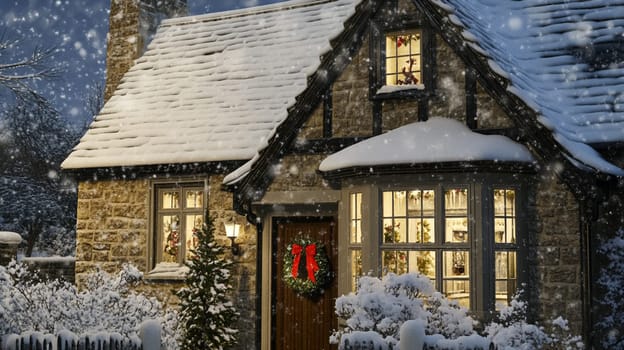 Christmas in the countryside, cottage decorated for holidays on a snowy winter evening with snow and holiday lights, English country styling inspiration