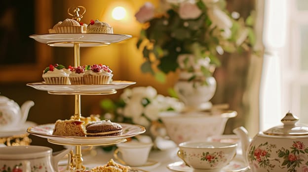 Elegant table setting for tea party with cakes and cupcakes in English manor. Selective focus. Vintage style