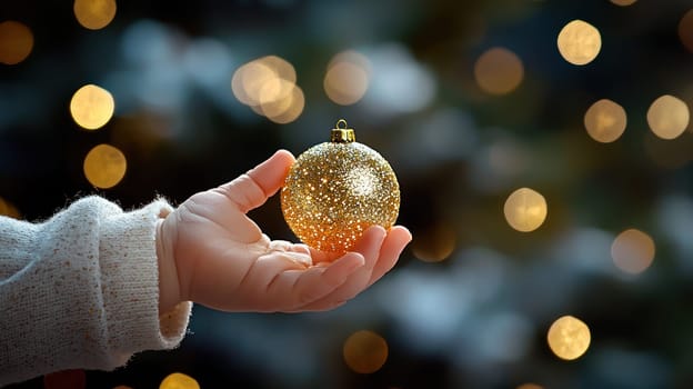 A child hand gently holds sparkling golden ornament, surrounded by soft bokeh lights, evoking warm holiday spirit