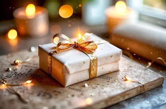 A delicately wrapped gift sits on a wooden table surrounded by glowing candles and twinkling lights, enhancing holiday charm.
