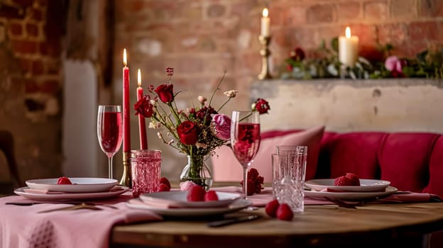 Festive table setting with candles and arrangement of beautiful red flowers. Holiday concept. High quality photo