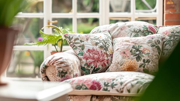 Colorful pillows on sofa against glass wall of window in a winter garden or conservatory. Interior textile concept. High quality photo
