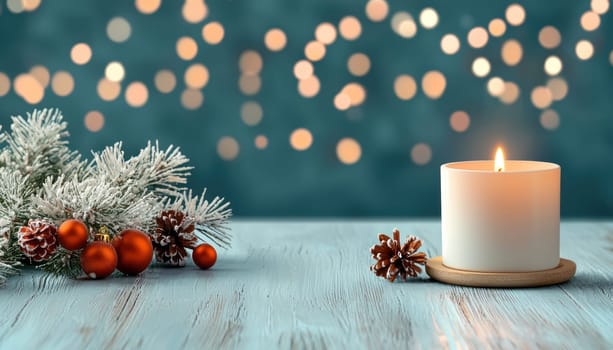 A serene white candle illuminates festive scene with pinecones and ornaments, creating warm holiday atmosphere