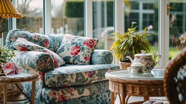 Colorful pillows on sofa against glass wall of window in a winter garden or conservatory. Interior textile concept. High quality photo