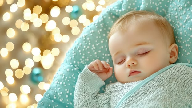 A peaceful scene of newborn sleeping soundly on soft blanket, surrounded by warm, glowing lights