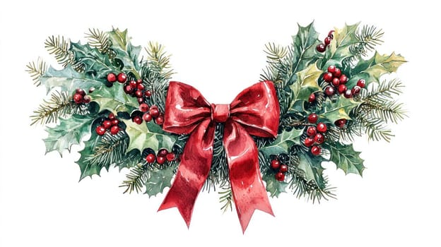 A Festive holiday wreath with red bow, holly, and pine branches, perfect for Christmas decor