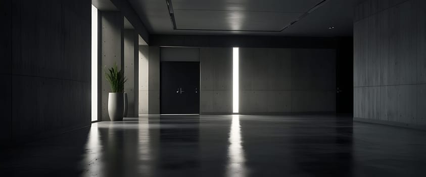 A modern, dimly lit interior corridor with tall vertical lights, a large potted plant, and a door at the end.