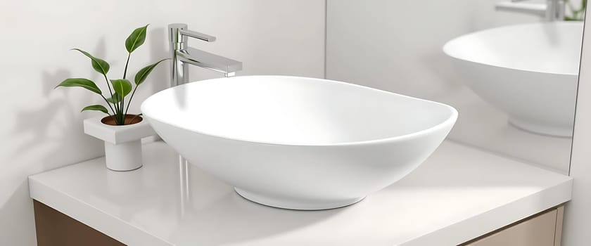 The image shows a modern bathroom sink setup with a white, oval vessel sink on a white countertop.