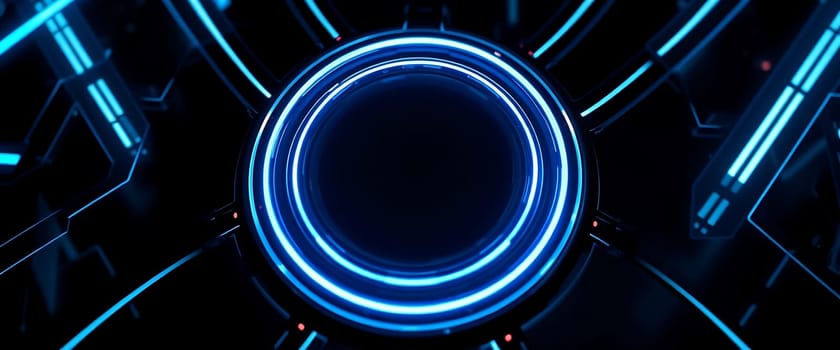 A circular glowing neon light is centered in a futuristic, dark environment with geometric patterns and blue accents.