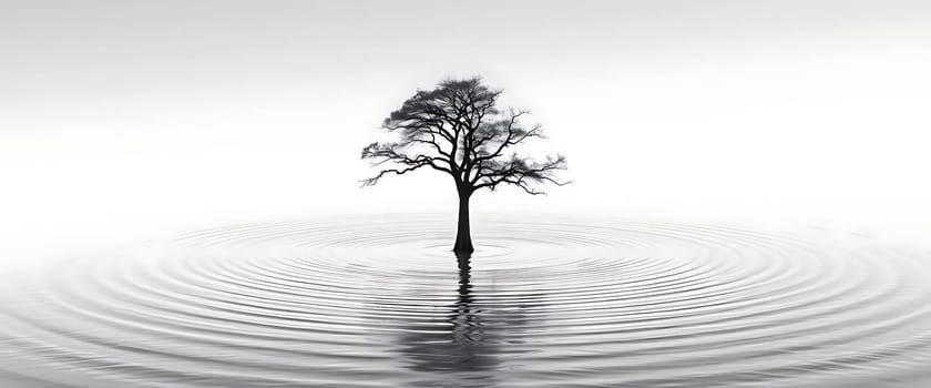 A lone tree stands in still water, creating gentle ripples. The scene is calm and reflective, rendered in black and white.