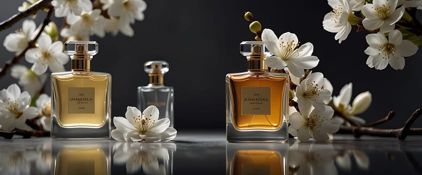 The image displays three perfume bottles labeled "Armada" amidst white blossoms on a reflective surface.