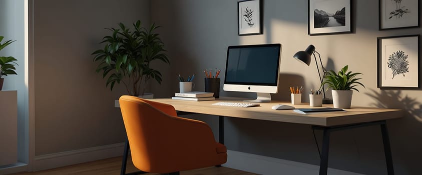 This image shows a tidy home office with a modern desk, an orange chair, and a computer setup.