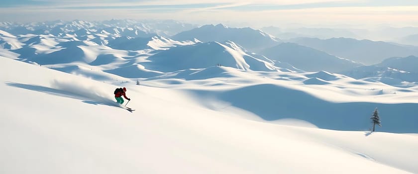 A skier descends a pristine, snowy slope in a mountainous landscape, surrounded by undulating snowdrifts and distant peaks.