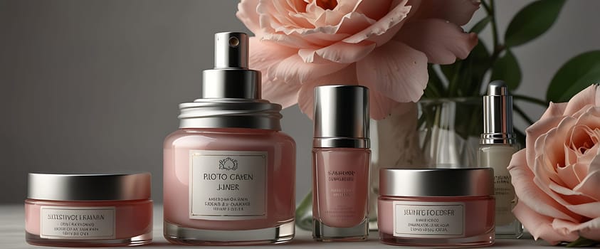 Beauty products arranged with pink roses. Includes facial creams, serum, and hydrating spray in elegant packaging.