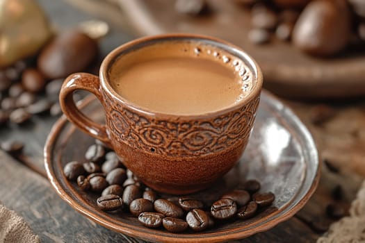 Clay coffee cup with saucer and hot aromatic coffee. Eastern coffee traditions.
