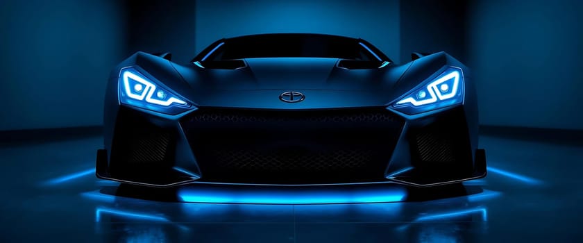 A sleek, futuristic sports car with glowing blue headlights and a prominent front emblem stands in a dark setting.