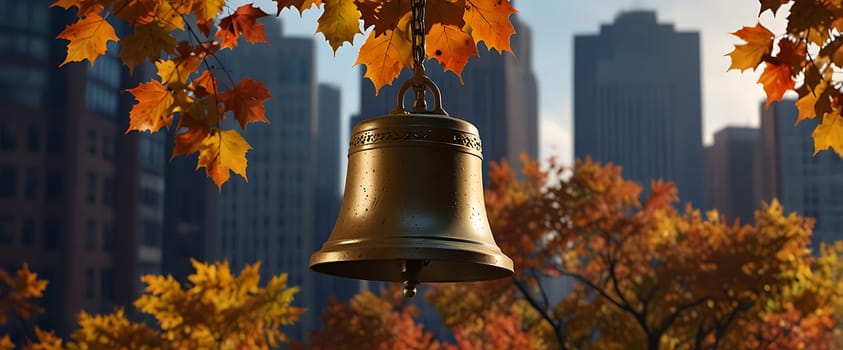 A brass bell hangs from a branch, surrounded by autumn leaves and city buildings in the background.