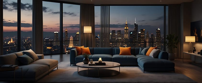 A modern living room with a city skyline view at dusk. It features two sofas and a coffee table, with large windows.