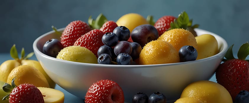 A white bowl filled with fresh strawberries, blueberries, grapes, and yellow fruits, placed on a blue surface.