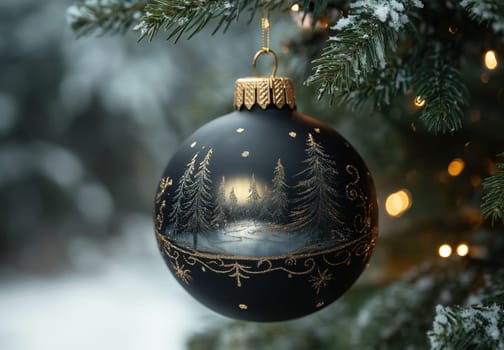 A black Christmas ball with a snow landscape on a Christmas tree. Selective focus.