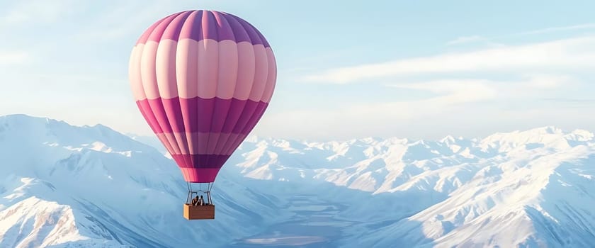 A pink and purple hot air balloon flying over snowy mountains.