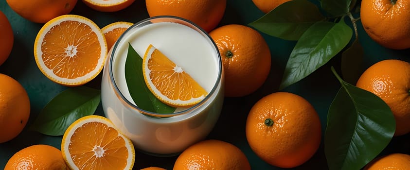 A glass of orange juice garnished with an orange slice, surrounded by whole and sliced oranges with green leaves.