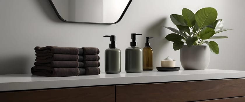 A neat bathroom counter with towels, soap dispensers, a candle, and a potted plant.