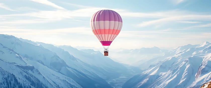 A colorful hot air balloon floats over a range of snow-capped mountains.