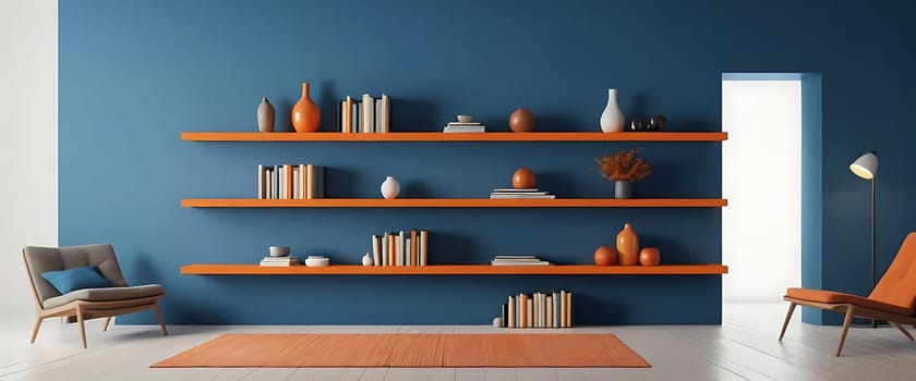 A room with a blue wall featuring three wooden shelves adorned with books and decorative items. Two chairs and a rug.