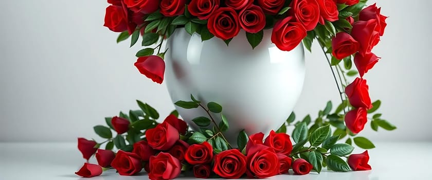 A white vase holds a lush arrangement of red roses, with additional roses scattered around the base on a light surface.