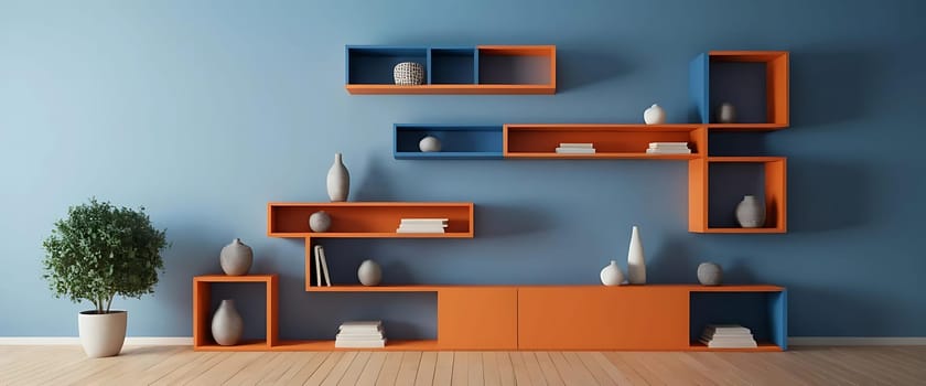 The image shows a modern wall-mounted shelving unit with orange and blue compartments.