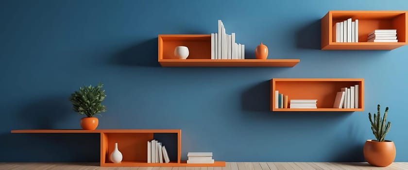 Orange shelves mounted on a blue wall, holding books and decorative items, with two potted plants below.