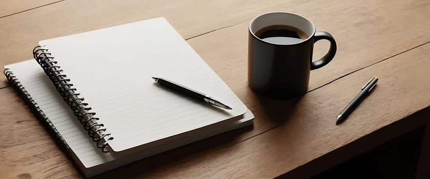 The image shows a notebook with a pen on it and a coffee mug beside them on a wooden table.