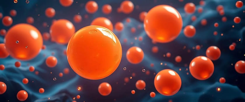 The image shows numerous orange spheres of varying sizes floating in a dark blue, wave-like background.