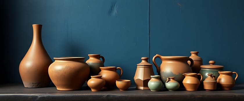 An assortment of clay pottery vessels, including vases and jugs, are displayed on a wooden shelf against a blue wall.