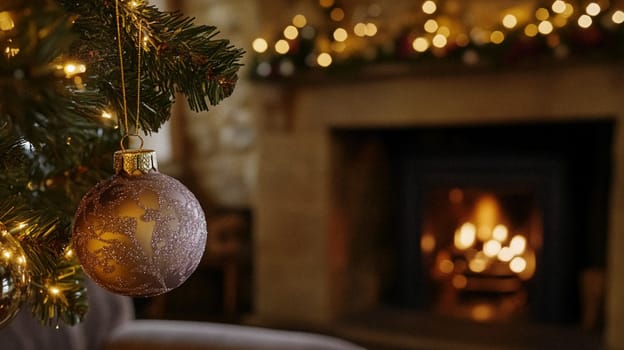 Christmas, holiday decor and country cottage style, cosy atmosphere, decorated Christmas tree in the English countryside house living room with fireplace, interior decoration idea