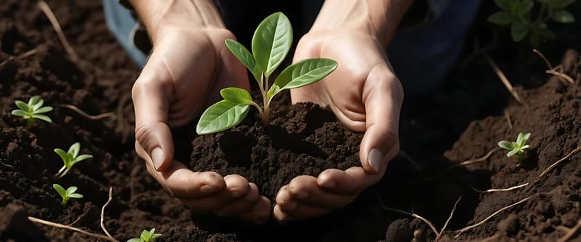 Hands holding a small plant with soil, showcasing a gardening or planting activity in rich, dark earth.