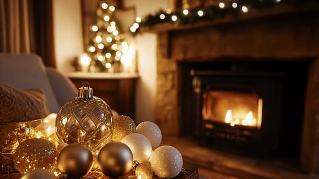 Christmas, holiday decor and country cottage style, cosy atmosphere, decorated Christmas tree in the English countryside house living room with fireplace, interior decoration idea